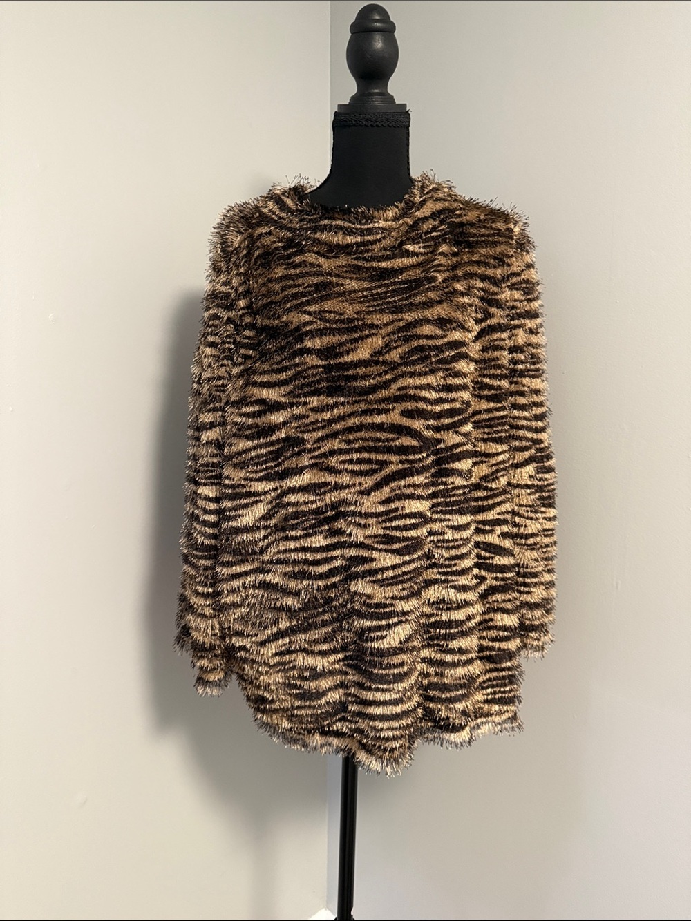Vince Camuto Faux Fur Zebra-Print Crewneck Sweater - Brown & Cream